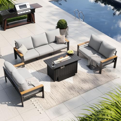 Image of Aoxun Patio Furniture Set, Aluminum Patio Set with Fire Pit Table and 5 inch Thicken & Washable Cushion, Waterproof Outdoor Furniture, Outdoor Couch Sectional for Backyard (LS-7 Seats /F, Grey)