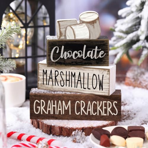 Image of Moucuny 4 Pcs Christmas Table Decoration Wooden Marshmallow Chocolate Christmas Tiered Tray Decor Xmas Centerpiece Decorative Hot Cocoa Marshmallow Block Signs Gift Winter Decoration for Home Kitchen