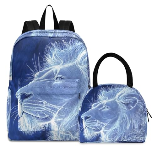 Backpack Lunch Box Set Large Capacity Travel Backpacks and Insulated Lunch Bag for Commute Hiking Picnic Line Art Lion Print