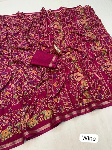 Image of Kalamkari Floral Prints Dola Silk Saree With Rich Zari Border Designer Pallu Attach Blouse Piece