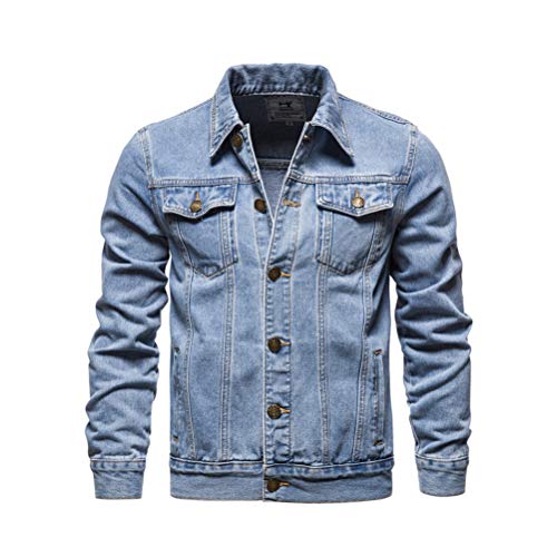 Minetom Veste en Jean Homme Denim Trucker Jean Jacket Blouson Cowboy Denim Slim Rider Manteau Manches Longues Boutons Jean Jacket A Bleu Clair L