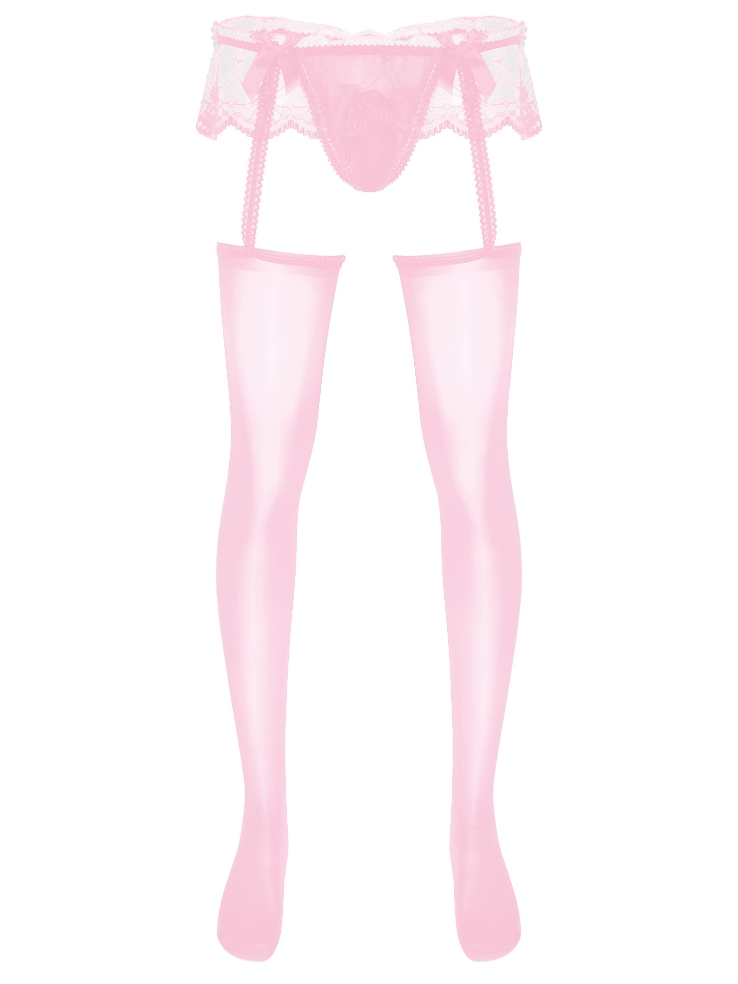 RswnyirnSissy Men's Pantyhose Bulge Pouch String Stockings with Garters Sheer Lace Skirted Lingerie