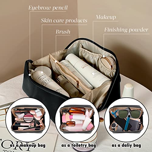 MINGRI Large Capacity Travel Cosmetic Bag for Women,Makeup Bag Travelling PU Leather Cosmetic Bag Waterproof,Multifunctional Storage Travel Toiletry Bag Skincare Bag (Black)