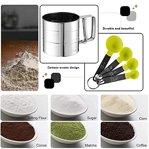 Foto von Aicharynic Mehlsieb Edelstahl Mehl- und Puderzuckersieb Einhand-Mehlsieb mit Griff für 250G Mehl Puderzucker Gewürzpulver, Küchen Zubehör + 4 Messlöffel - Silber