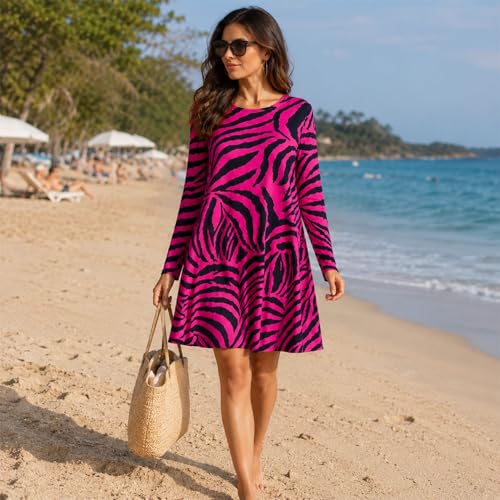 Vestido de manga larga estampado cebra mujer minivestido rosa neón evasé 40-42 3