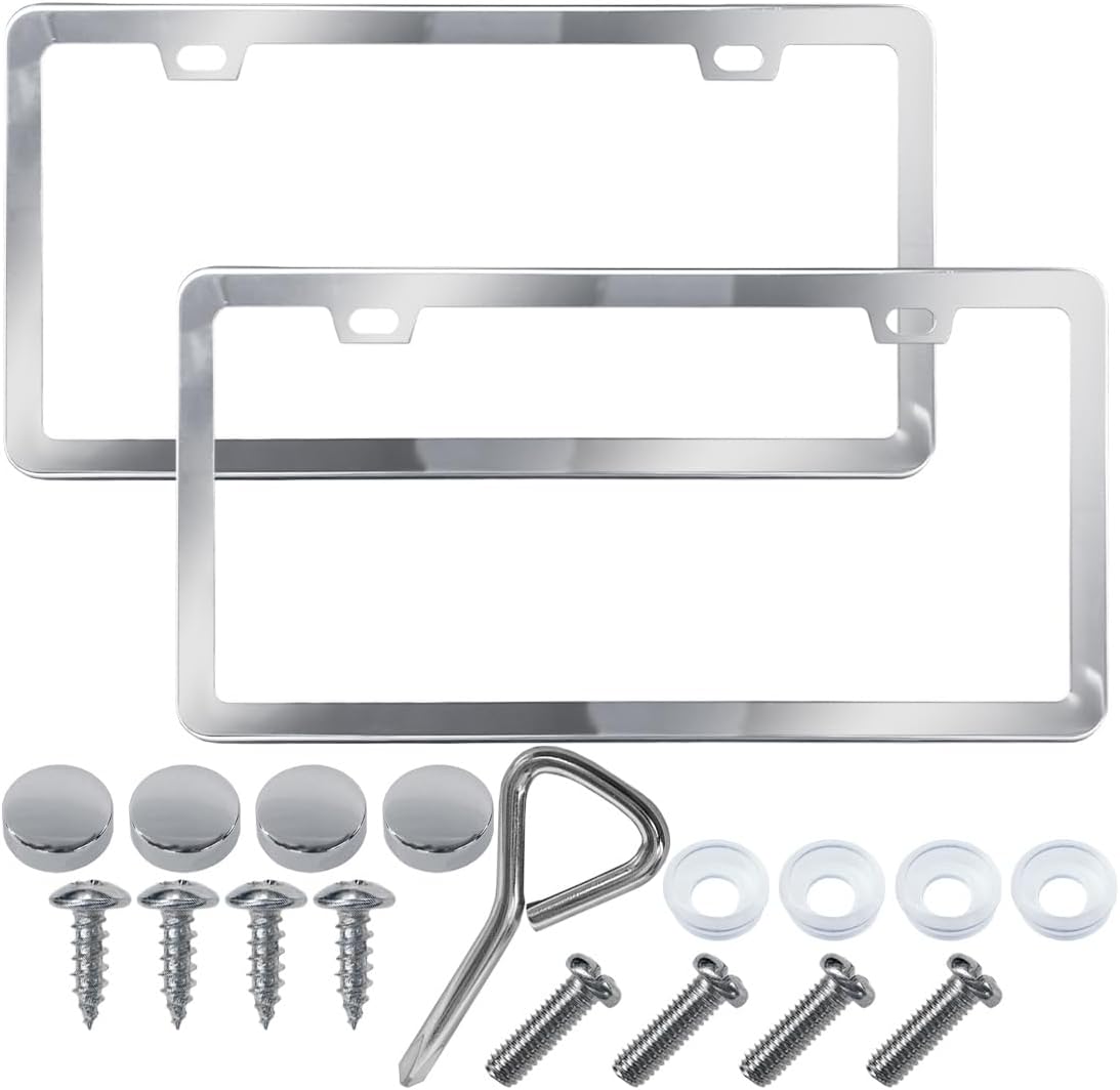 YoRise 2PCS Stainless Steel Car License Plate Frames, 2 Holes License Plate Holder with Screws & Caps, Rust-Proof Car Tag Frame Protector Cover, Automotive Exterior Accessories (Pink)