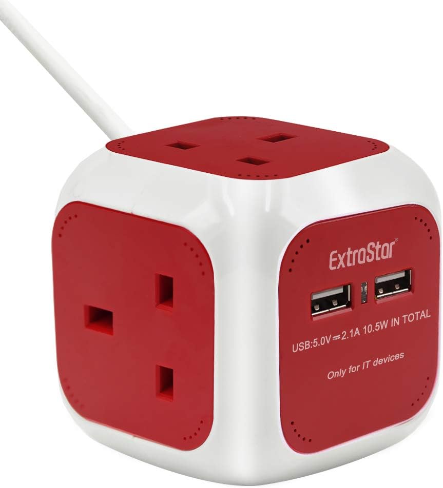 ExtraStar Power Cube 4 Way Extended Lead with 2 USB Slots (5V/2.1A) Power Strip 1.5 Metre Cable Power Socket UK Plug for Home, Office, Travel and More - Red + White