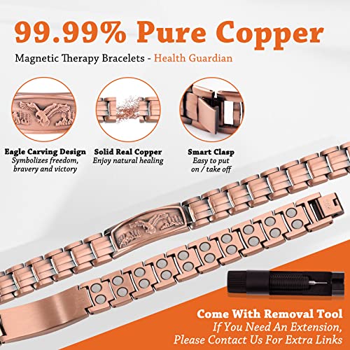 Feraco Copper Bracelet For Men - Copper Bracelets 99.99% Pure Copper Gift With Adjustable Sizing Tool, Magnetic Field Therapy Jewelry With Eagle Pattern (Copper) #TOP2