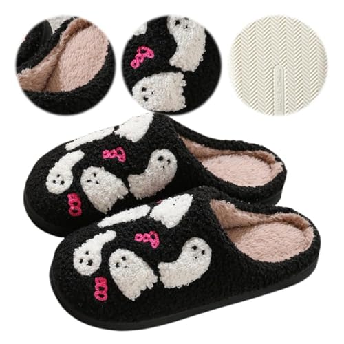 Halloween Slippers for Women Men Spooky Ghost Bats Cute Cozy Warm Plush Fluffy Warm Fur Lined Slipper Retro Memory Foam Shoes for Unisex Adult Indoor Outdoor2
