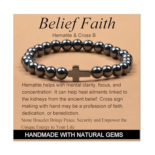 YDYDTTKD Hematita y Cruz – Fe de creencia – Pulsera elástica Hecha a Mano para Yoga Hecha a Mano, Piedra Natural, Cristal, Poder curativo, Regalos de energía para Adultos Unisex de 0.315 in