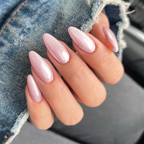 Qsnidy Chrome Press On Nails Medium Almond, Glazed Light Pink