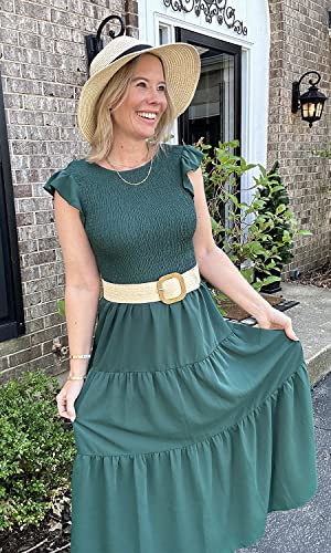 Grecerelle Women's Flutter Short Sleeve Smocked Midi Dress Summer Casual Tiered A-Line Dress Dark Green #TOP2