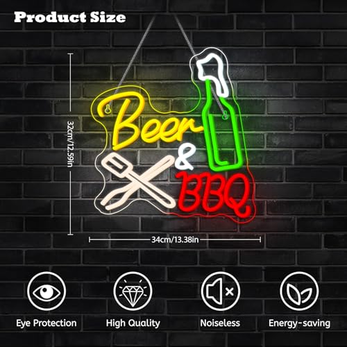 Image of Neon Beer Signs for Wall Wine Decor LED BBQ Sign Light Up Bar Backyard Party Neon Beer Light Sign for BBQ Shop Restaurant Barbecue Gifts for Meat Beer Lovers