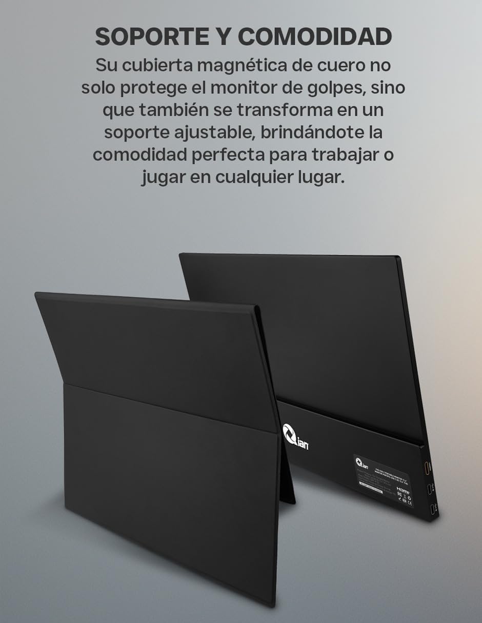 Qian Monitor Portátil IPS Full HD de 15,6" a 60Hz 1920 × 1080 con Soporte, Altavoces Duales, Segunda Pantalla Ultradelgada para Ordenador Portátil/PC/Mac/PS3/4/5/Xbox