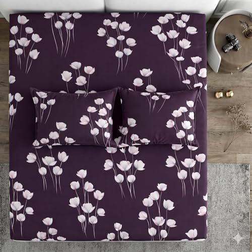 Image of DECOMIZER XL Microfiber Soft Cotton Queen Bedsheet for Double Bed, Queen Size 90 Inches X 100 Inches, 230 X 250 cm with 2 Large Size Pillow Covers - VoiletWhiteFlower