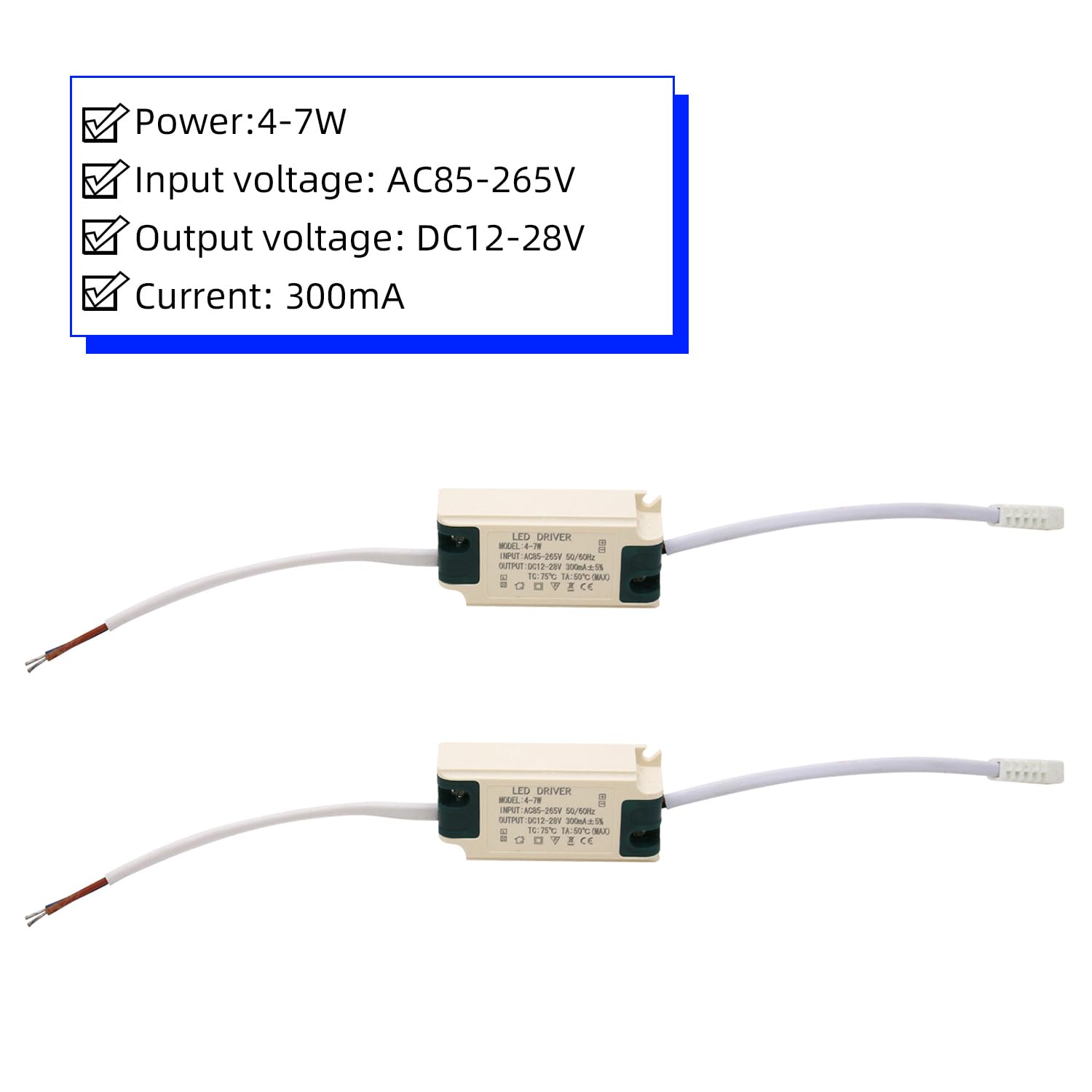 4-7W LED Driver, Constant Current 300mA±5% AC 85-265V Output 15-26V SM Male Connector External Power Supply Rectifier Transformer for LED Ceiling Light LED Strip
