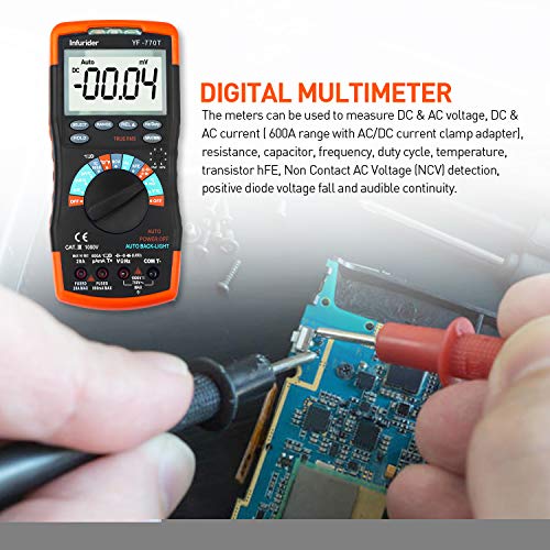 Infurider Digital Multimeter Yf-770T 6000 Counts Trms Dmm Catiii 1000V,Auto Ranging,Data Hold,Ncv,Ac/Dc Amp Ohm Volt Meter Hfe Diode Led Capacitor Tester With Thermometer And Backlit #TOP6