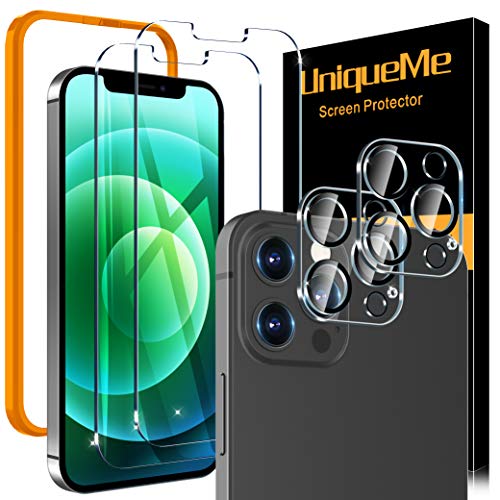[2+2 Pack] UniqueMe Compatible with iPhone 12 Pro Max 5G (6.7 inch), 2 Pack Screen Protector Tempered Glass + 2 Pack Camera Lens Protector [Installation Frame] Anti-Scratch [U-Shaped Cutout]