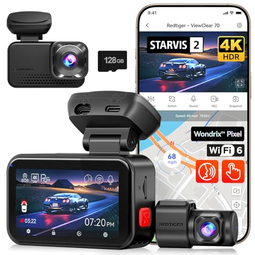 REDTIGER 4K Dash Cam Front and Rear 2.5K, STARVIS 2 IMX678 x Wondrix Dual HDR Blacklight Night Vision, 30MB/s 5.8GHz WiFi6, Touchscreen DashCam with Voice Control, Parking Mode,128GB Card(VC