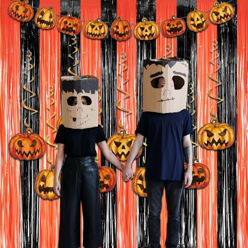 Image of Black Orange Streamers Party Backdrop - GREATRIL Tinsel Fringe Curtain for Halloween Decorations /Pumpkin /Birthdays Party Decoration - 3.2ft X 8.2ft - 2 Packs
