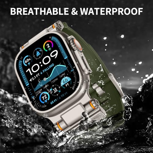 Image of FOAMUNOC Rugged Band Compatible with Apple Watch Ultra 3 /2 /1 Band 49mm /46mm /45mm /44mm /42mm, Metal Connector with Strap for iWatch Ultra Series 11 /10 /9 /8 /7 /6 /SE3 /SE2 /SE /5 /4 /3 /2 /1, Army Green /Titanium