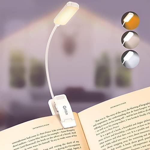 Gritin 9 LED Book Light, 3 Eye-Protecting Modes Reading Light Book Lamp (Warm&Cool White Light) -Stepless Dimming, Rechargeable, Long Battery Life, 4-Level Power Indicator -White