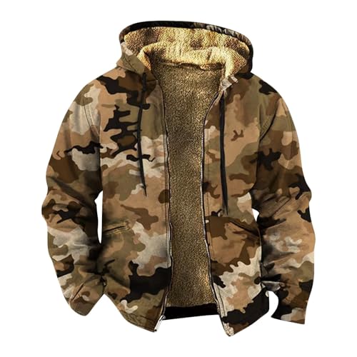 Sherpa Lined Jacket Men Hooded Camo Shirt Fleece Thick Hoodie Zip Warm Jacket Outdoor Coat Winter Outerwear Hunting