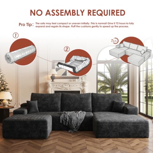 Image of Boneless Couch, Modular Sectional Couches for Living Room, U-Shaped Cloud Couch Sofa with Deep Seat, Fluffy Corduroy Upholstered Corner Sofa