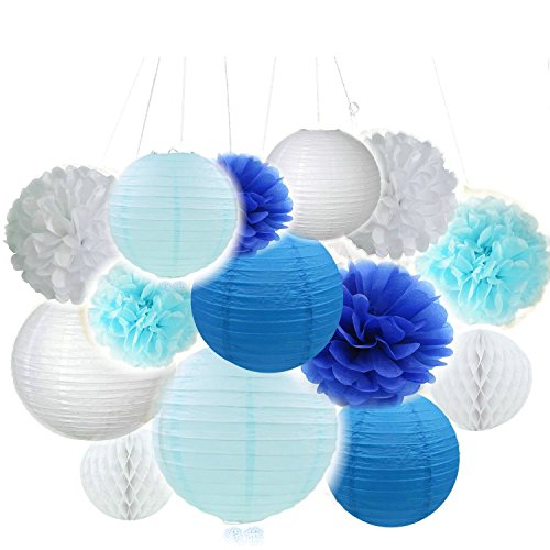 Fascola 12 Pcs White Blue Tissue Hanging Paper Pom-Poms, Hmxpls Flower Ball Wedding Party Outdoor Decoration Premium Tissue Paper Pom Pom Flowers Craft Kit #TOP22
