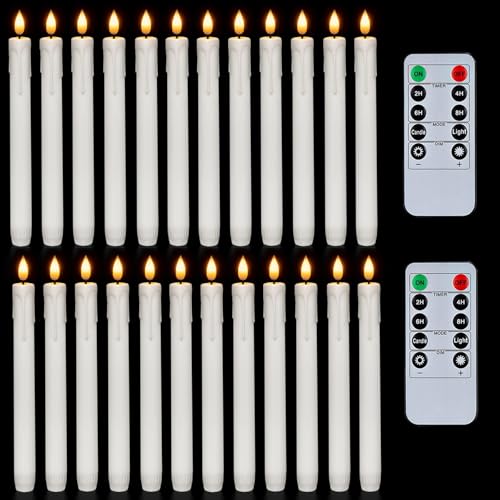 Image of Homemory 24 Pcs White Flameless Taper Candles with Remote Timer, Lifelike Taper Candles Battery Operated with Flickering Light, Plastic, Led Candlesticks, Christmas Home Wedding Decor, 9.6 Inches