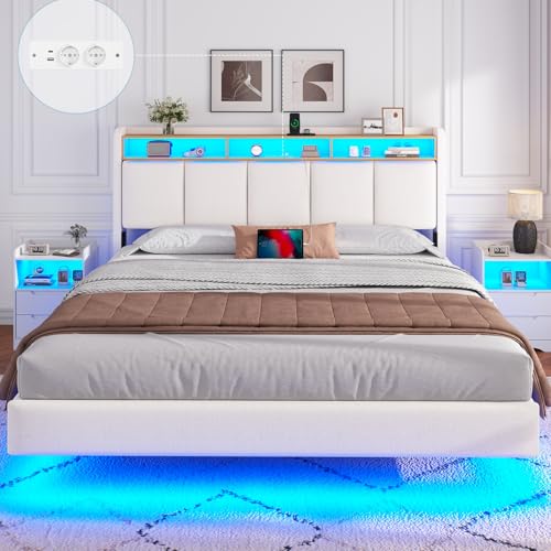 Brinlawb Polsterbett 180x200 cm Schwebebett mit LED-Beleuchtung, Kopfteil und Ladestation(2 AC-Steckdosen, 2 USB-Anschlüsse), Bett 180x200 mit Stauraum, Modern Doppelbett mit lattenrost, Leinen, Weiß