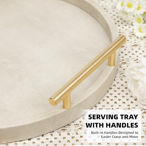 UPPER DECOR Modern Shagreen Tray, Round Serving Tray with Gold Polished Metal Handles, Decorative Trays Coffee Table Ottoman Trays for Living Room Bathroom Home Decor, Set of 2 (Ivory) by UPPER DECOR - Used condition - Image 4