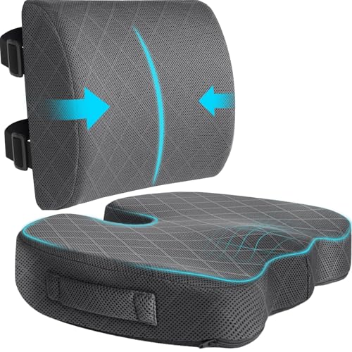 TushGuard Back&Seat Cushion, Car Seat Office Chair Cushions, Breathable Memory Foam Lumbar Back Support Pillow, Portable Airplane Seat Cushion for Travel, Computer Desk, Wheelchair, Driving (Grey)
