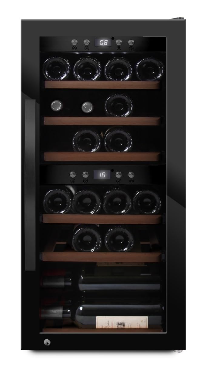 mQuvée Cantinetta vino a libera installazione, WineExpert 24 Fullglass Nero, 24 bottiglie, 2 zone di temperatura regolabili, Grande spazio per i vini bianchi, Design elegante e senza giunzioni