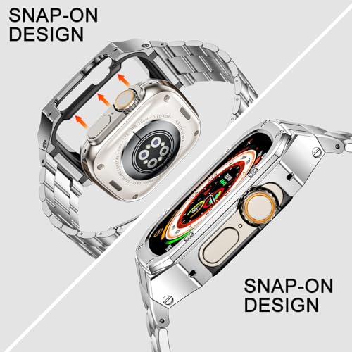 Image of BAITEYOU Stainless Steel Watch Band with Case Compatible with Apple Watch Ultra 3 2 1 band (49mm), Rugged Strap with Metal Protective Bumper Cover for iWatch Bands Men (Silver)