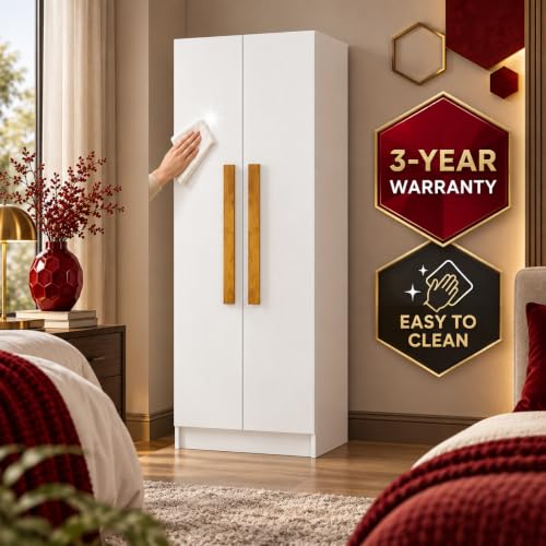 Image of Bniture Wooden Almirah for Clothes, Door for Bedroom, 2 Door Wardrobe with 4 Shelves Huge Storage Space (46D x 60W x 182H CM) | 3 Year Warranty (Frosty White)