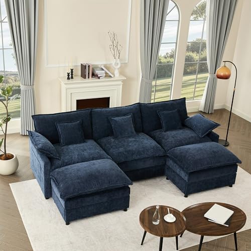 Litbird U-förmiges modulares Sofa 3-Sitzer Ecksofa mit Hocker, tiefes Sitzdesign, Cloud Couch für Wohnzimmer(Navyblau)