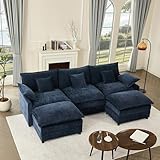 GOSUHI 108' U Shaped Couch, Modular Sectional Sofa, 3-Seater Comfy Cloud Couch, Set of Modular Pieces with Movable Ottoman, Deep Seat Couches for Living Room, Chenille, Navy