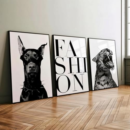 Xiyocadt 3er Poster Set,Lustiges Tierposter, Schwarz-weißer und Hund Leoparden-Wandkunst, Trendiger Druck, Asthetische Drucke für Wohnzimmer, Schlafzimmer, Badezimmer, Ohne Rahmen (30x40cm)