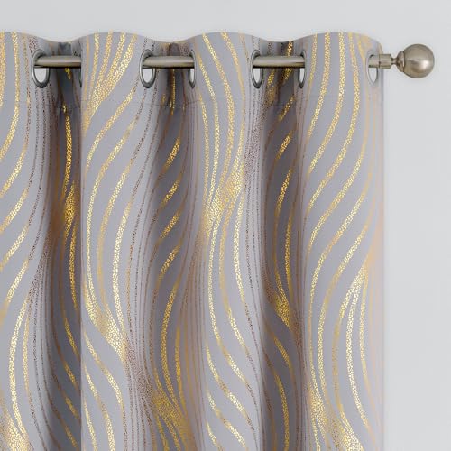 Xwincel 100% Blackout Curtains for Bedroom, Grey Gold Wave Line Dot Curtains 84 Inches Long, Metallic Gold Patterned Drapes Living Room Darkening Thermal Insulated Grommet Window Curtains 2 Panels