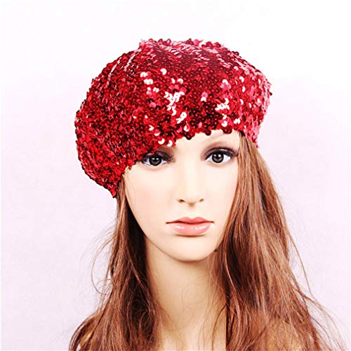 Sevenfly Women's Fashion Fun Sparkle Sequins Shimmer Stretch Beret Beanie Hat(Red) #TOP3