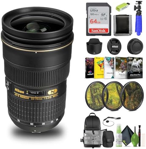 Nikon AF-S NIKKOR 24-70mm f/2.8G ED Lens (2164) + 64GB Memory Card + Filter Kit + Backpack + Card Reader + Corel Photo Software + Flex Tripod + Memory Wallet + Cap Keeper + Cleaning Kit