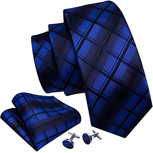 Image of Barry.Wang Plaid Ties for Men Silk Necktie Handkerchief Cuff Links Set