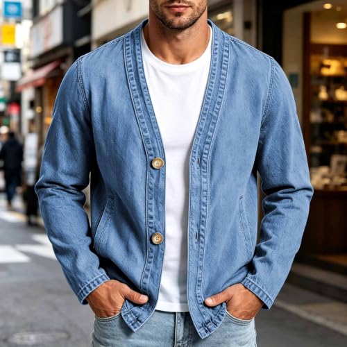 fartey Denim Cardigan Men V Neck Button Up Jacket Fashion Long Sleeve Coat - image 2
