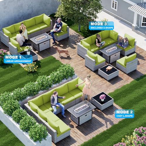 Image of Outdoor PE Wicker Rattan Modular Patio Sectional Sofa Set | 8-Piece: 6 Modular Seats, Coffee Table & 55,000 BTU Fire Pit Table, Grass Green