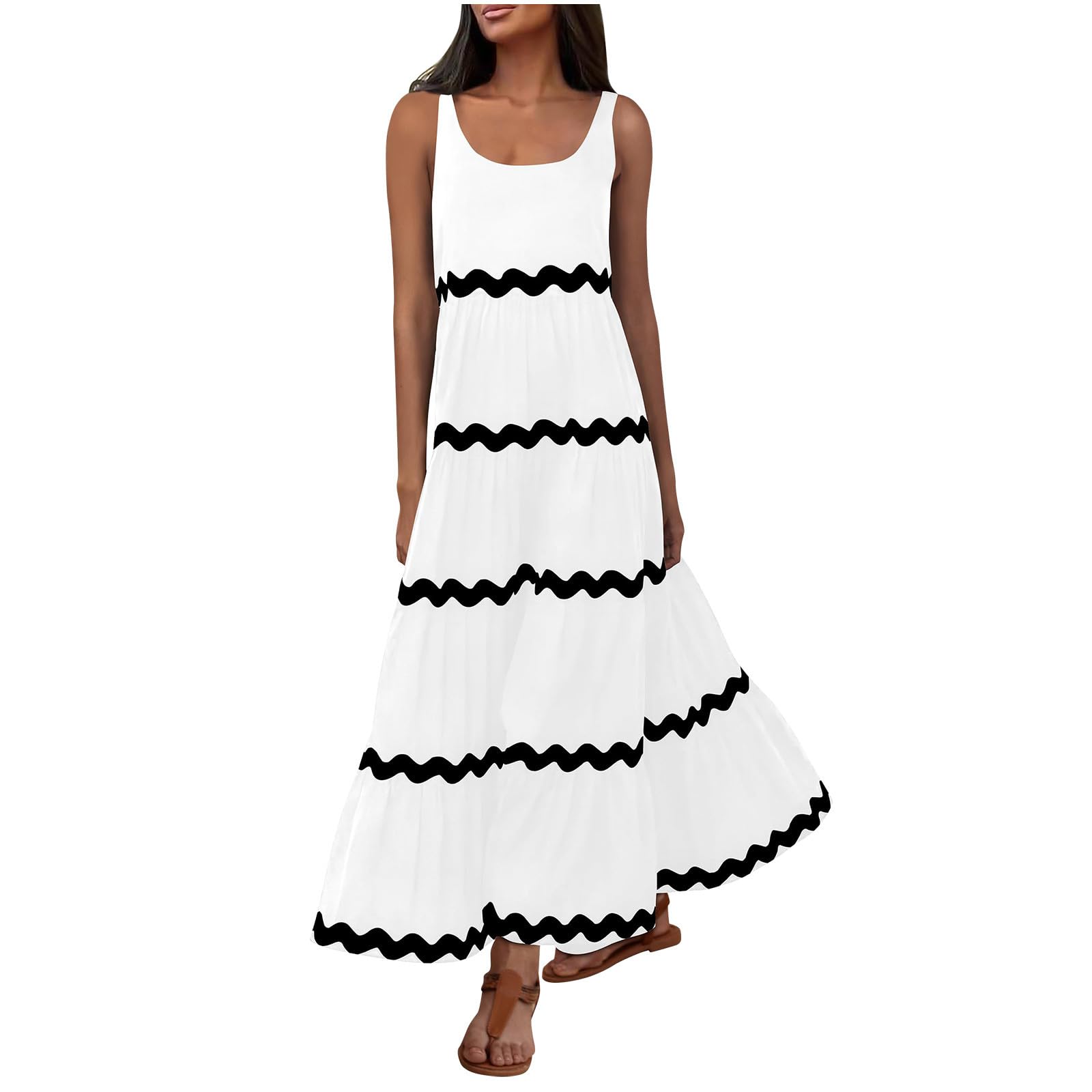 NUSGEAR 2024 Vestidos Largo Mujer Vestido Verano Basico Casual Raya Vestidos sin Manga Cuello Redondo Vestidos Elegante Suelto Vestido de Noche Cómodo Playa Vacaciones Bohemio