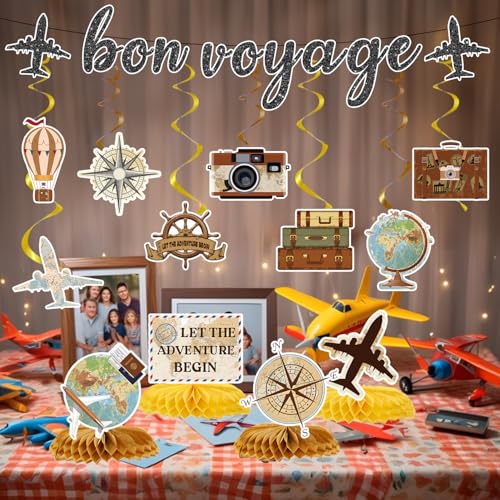 Image of Bon Voyage Party Decorations - 13PCS Travel Themed Party Decorations Glitter Bon Voyage Banner Hanging Swirls Let the Adventure Begin Honeycomb Centerpieces Decor Going Away Party Supplies