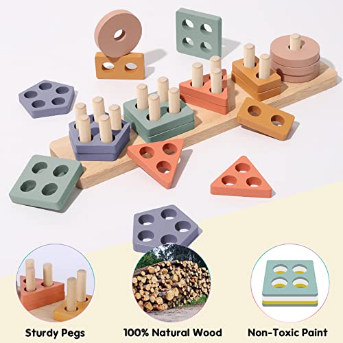 Wtust Montessori Toys For 1 2 3 Years Old Boys Girls,Toddler Learning Educational Wooden Sorting & Stacking Toys,Shape Sorter Color Stacker Toy Preschool Kid Puzzles Gifts 1-3 #TOP1
