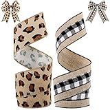 2 Rolls 20 Yards Christmas Wired Edge Ribbons 2 Inch Buffalo Plaid Burlap Ribbon Leopard Print...