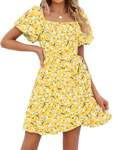 Image of Sampeel Womens Summer Dresses Square Neck Puff Sleeve Tie Waist Short Dress